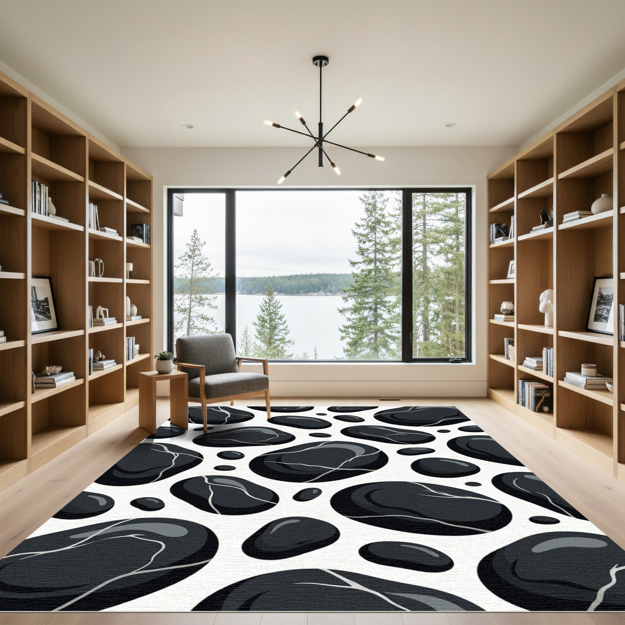 Black Pebble Mosaic Scattered Stones Rug