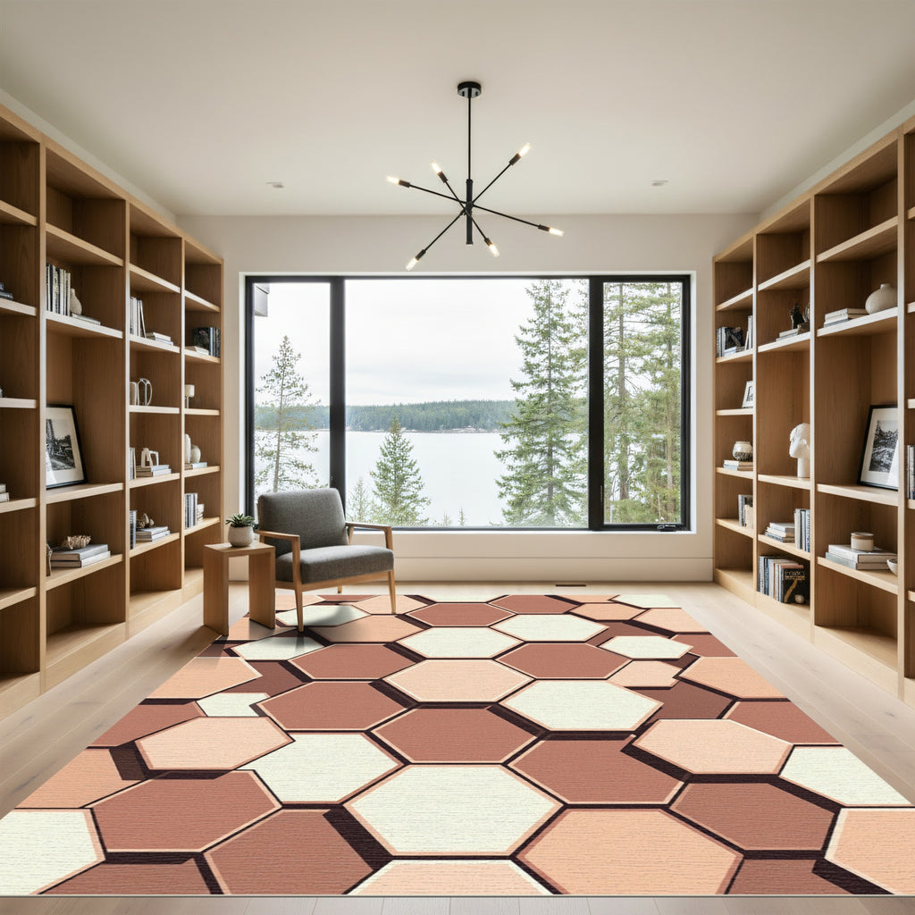 Neutral Earthy Tones Abstract Hexagon Grid Rug