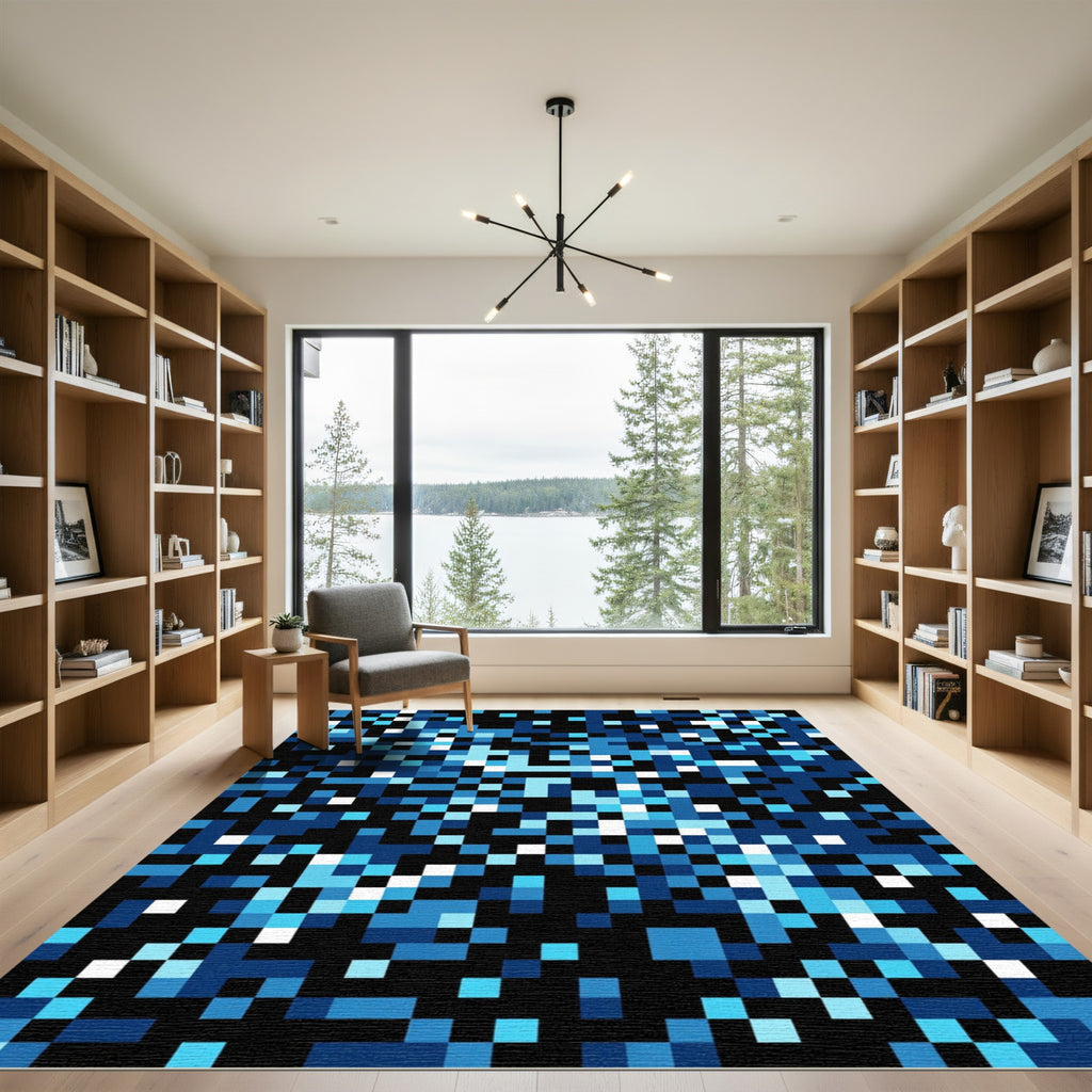 Modern Midnight Blue Pixelated Mosaic Rug