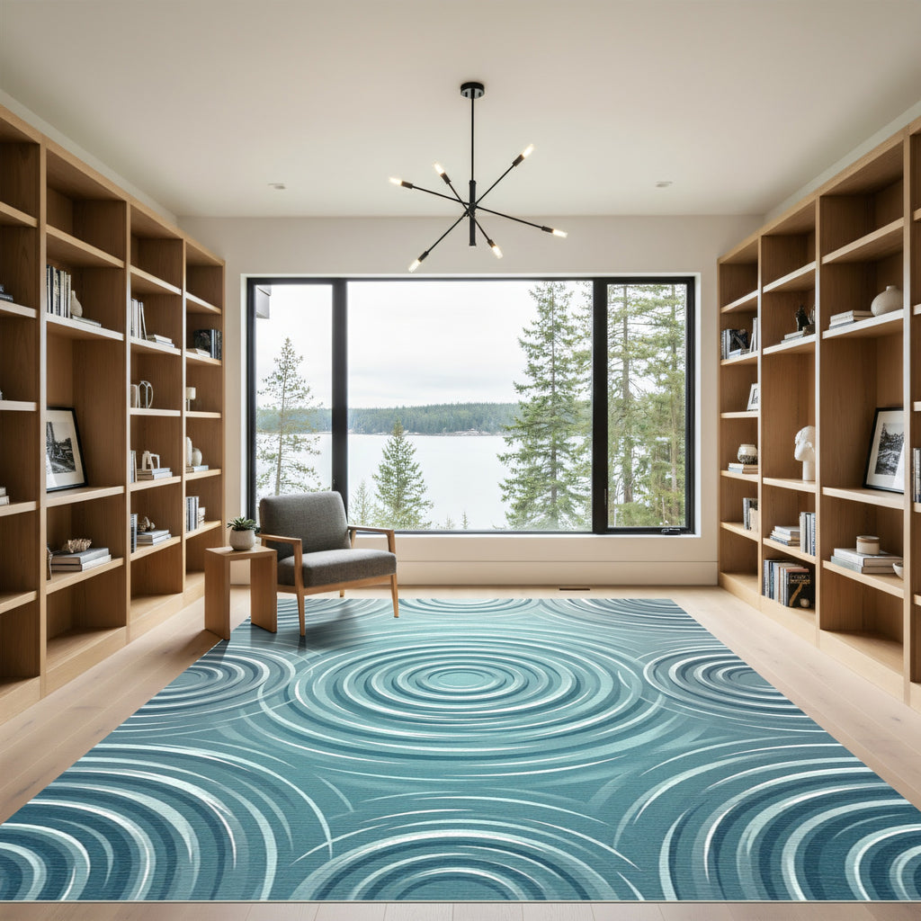 Serene Teal Rippled Concentric Circle Rug