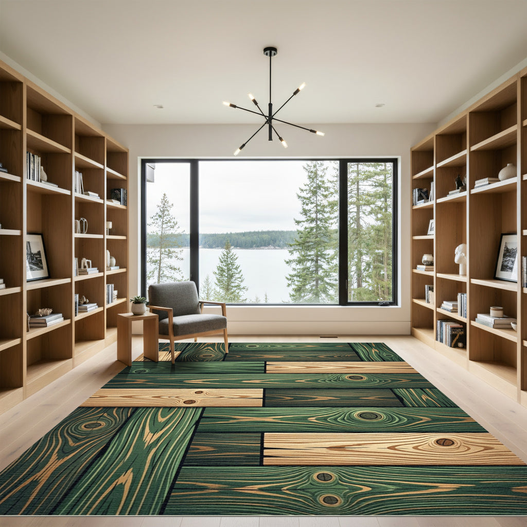 Modern Emerald Wood Grain Plank Texture Rug