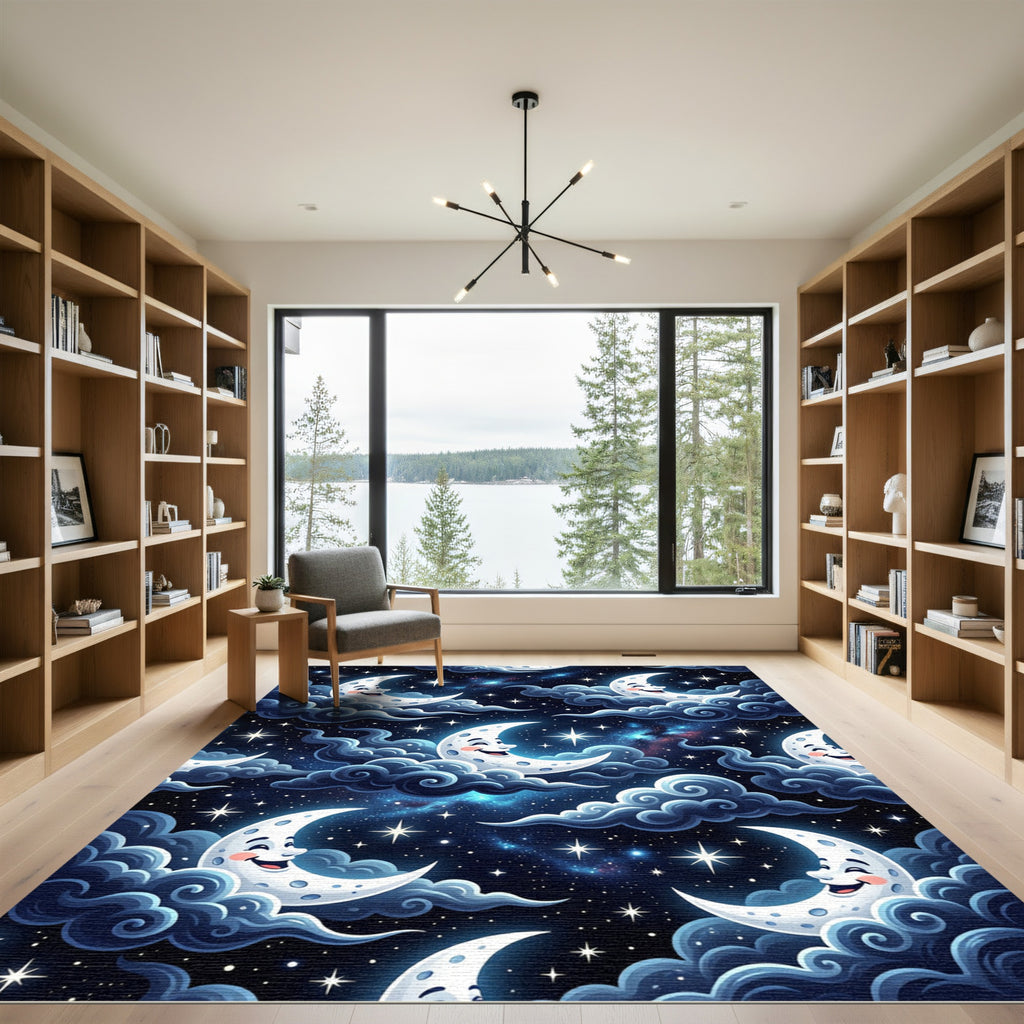 Whimsical Celestial Crescent Moon Starry Night Rug