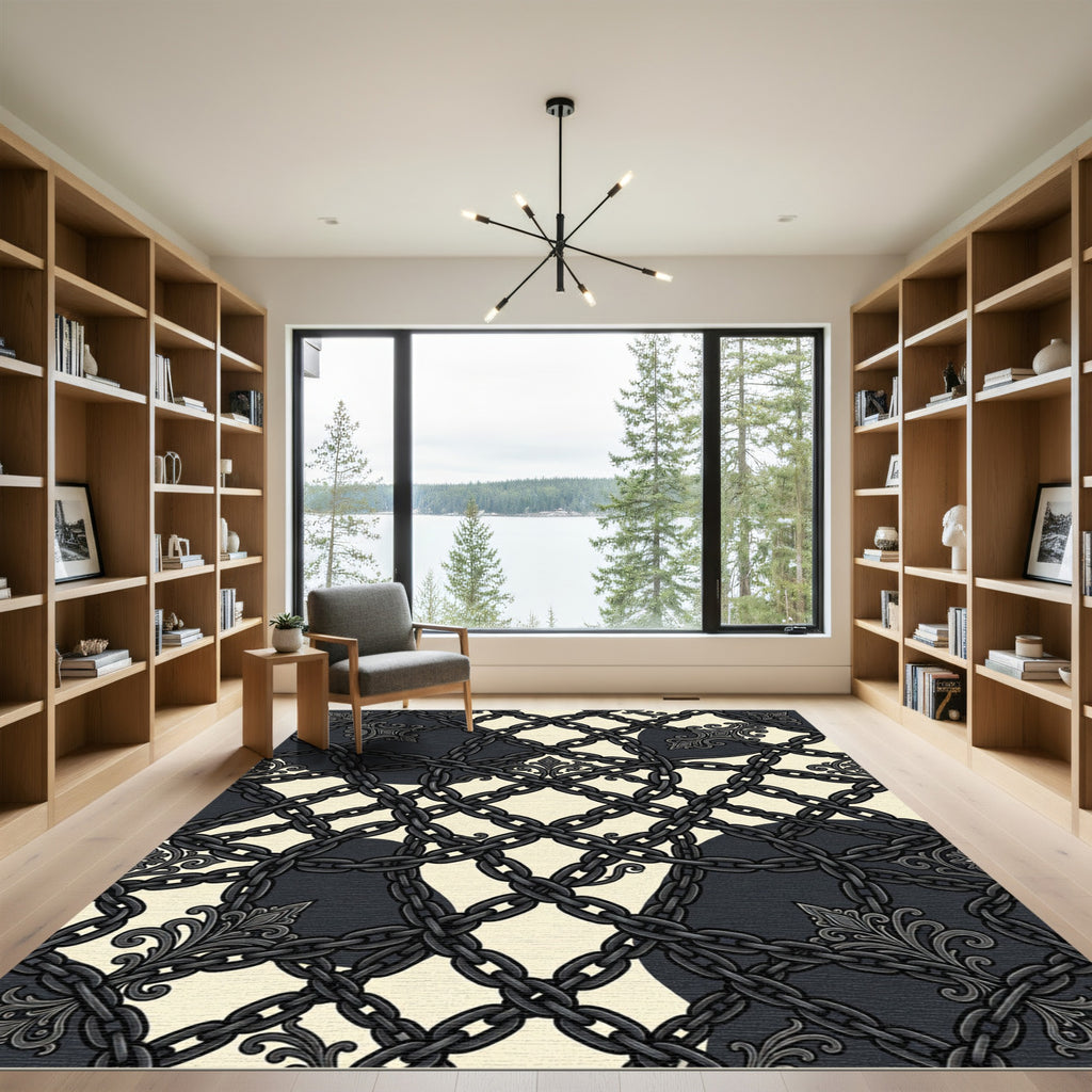 Gothic Black Chain Fleur-de-lis Grid Rug