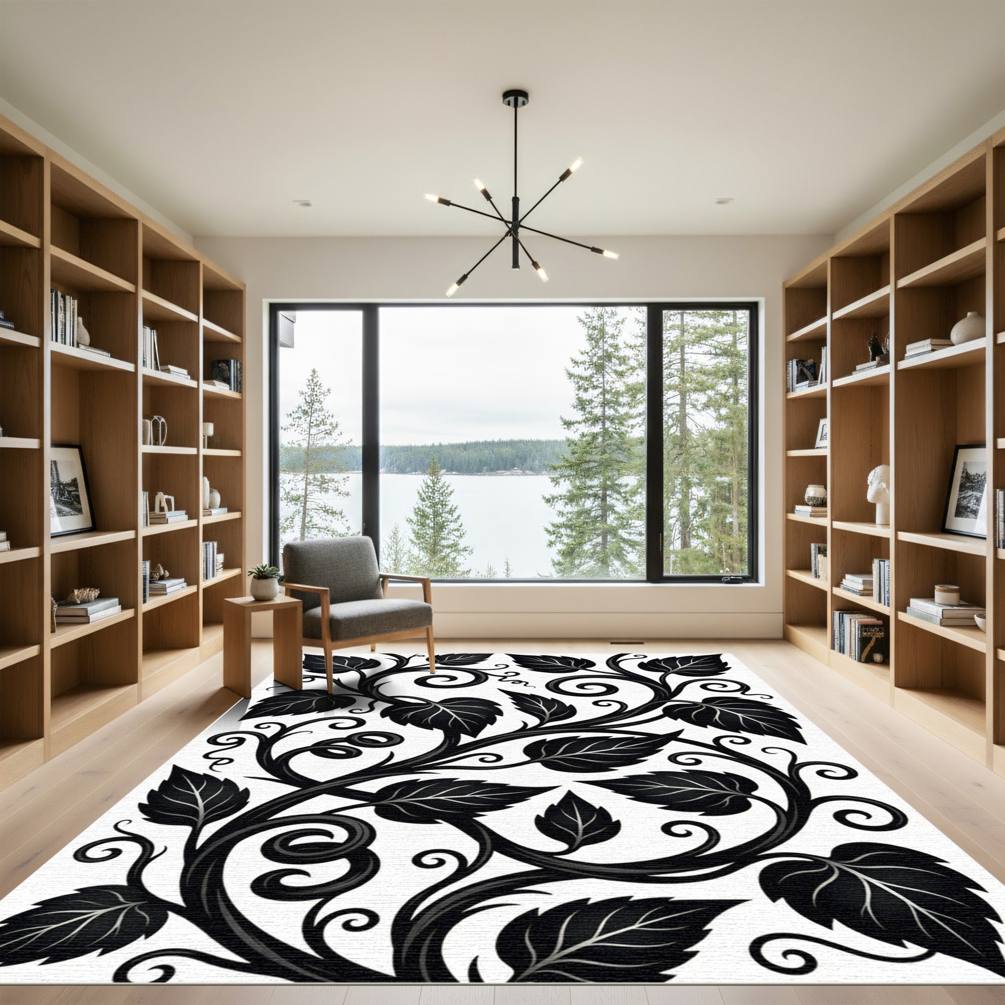 Black Vine Scroll Leafy Composition Rug