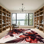 Deep Red Watercolor Floral Feather Compositions Rug