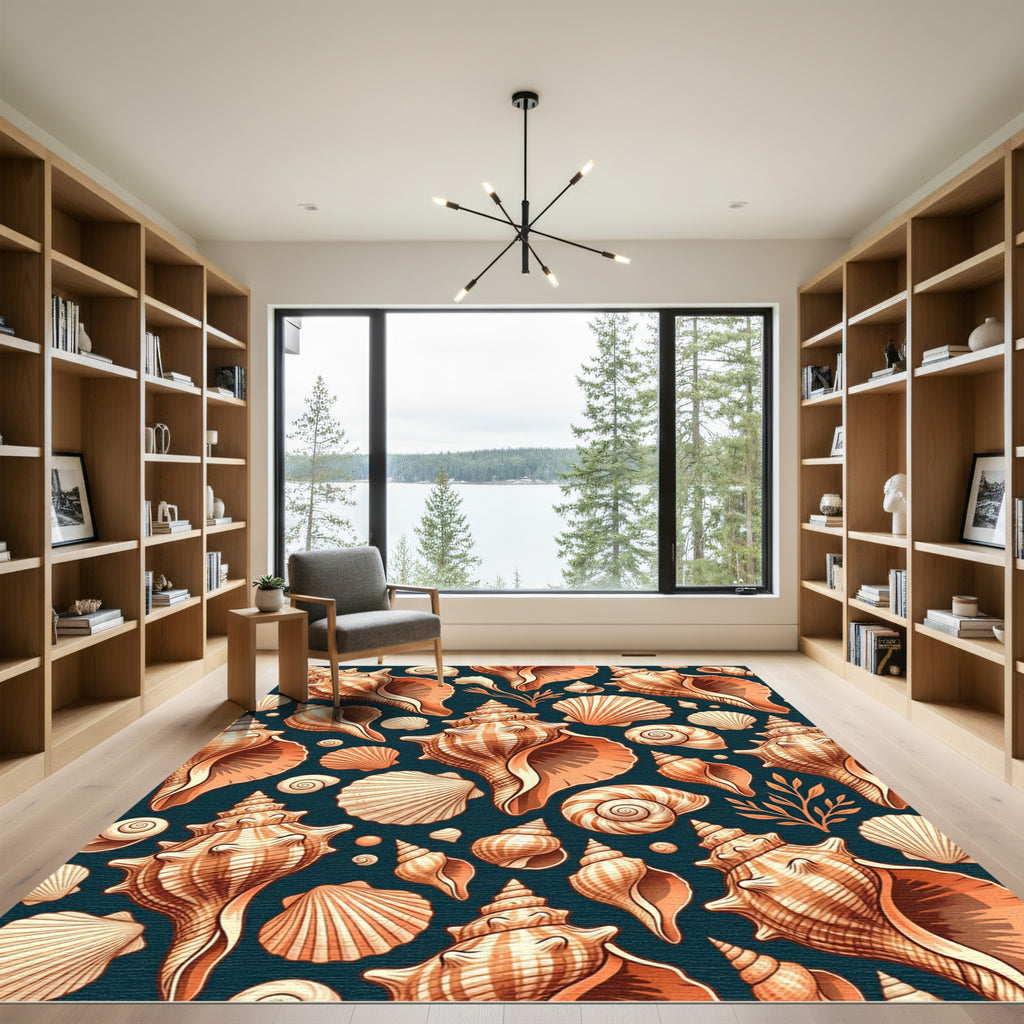 Seashell Shoreline Deep Navy Beach Artwork Rug