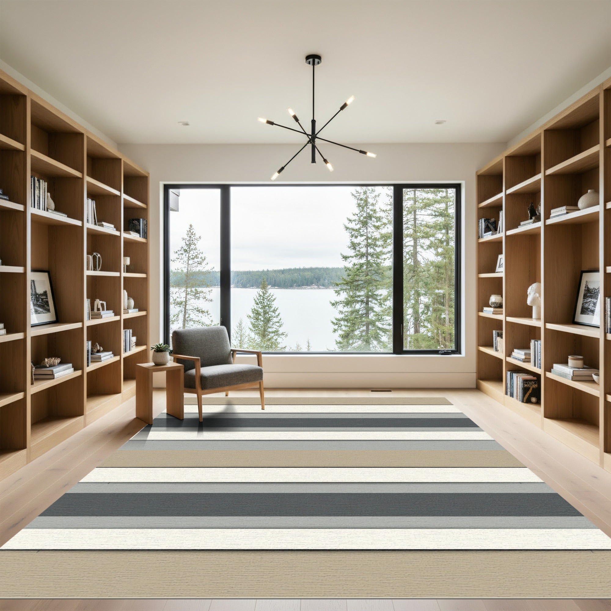 Cool Toned Layered Bands Accent Rug