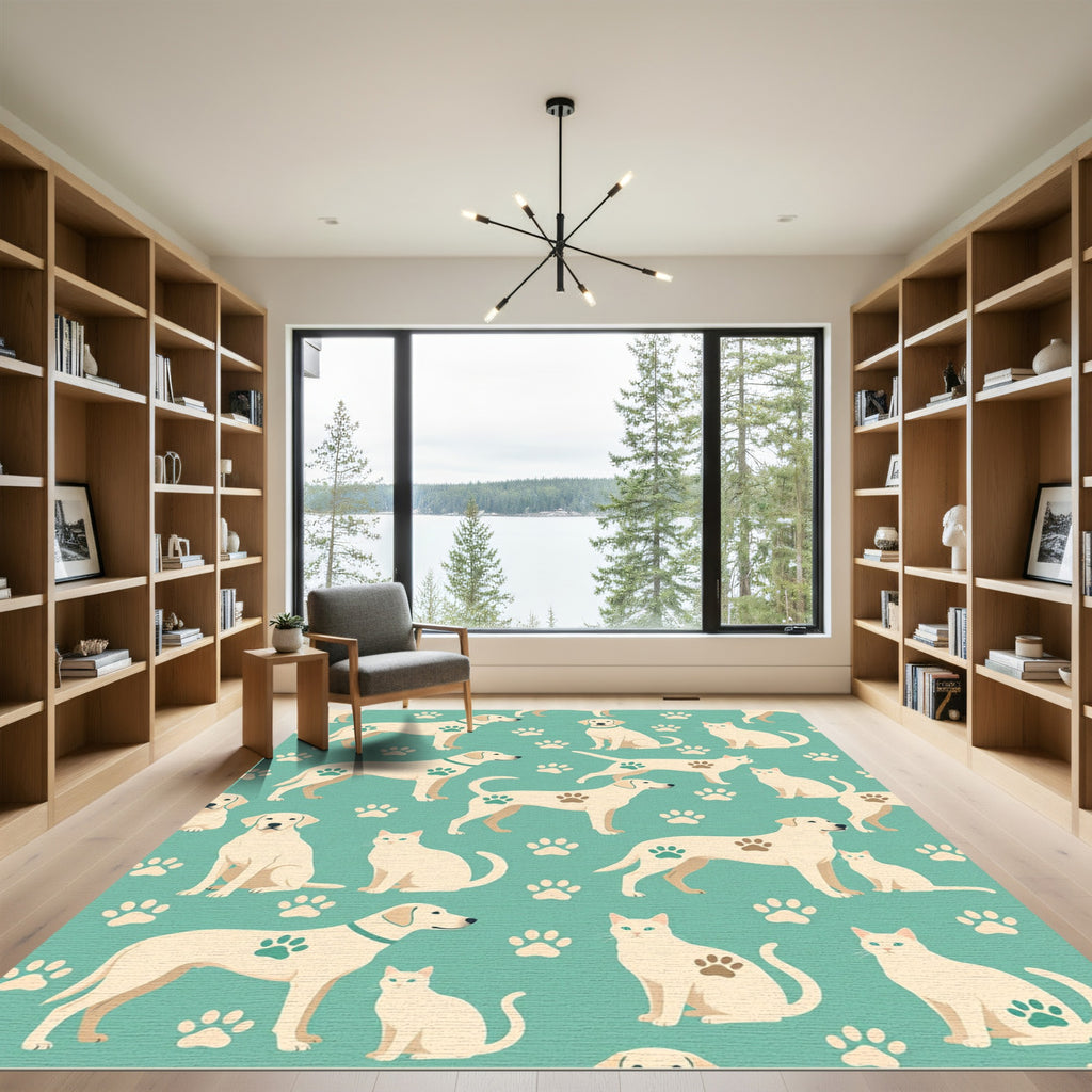 Cream Pets and Paw Prints Aqua Rug