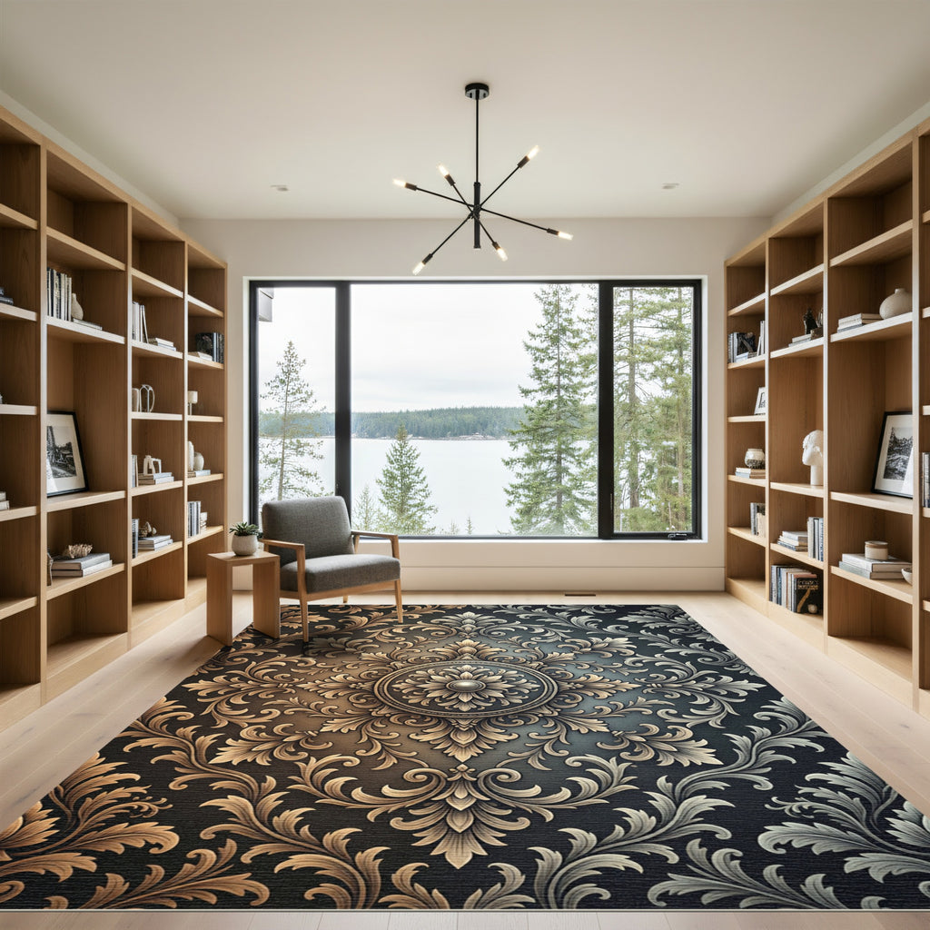 Ornate Bronze Gold Damask Medallion Rug