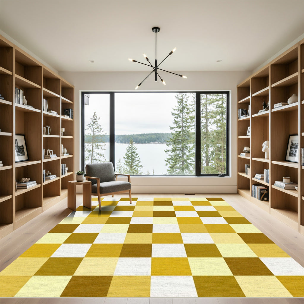 Modern Ochre Gold Geometric Grid Rug