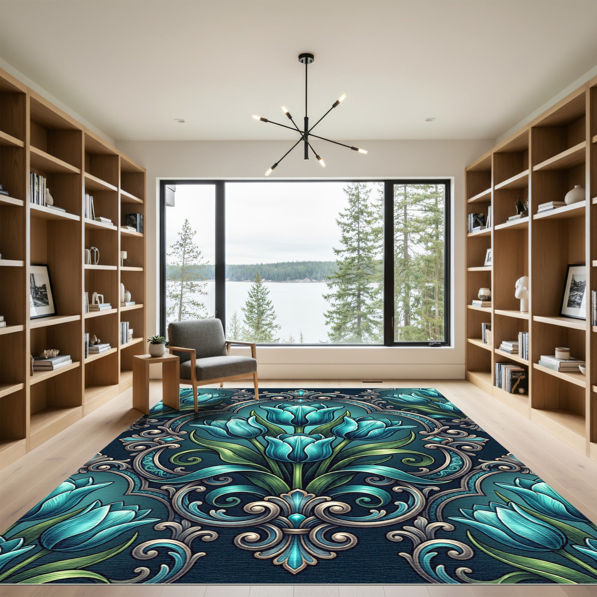 Ornate Teal Tulip Damask Botanical Rug