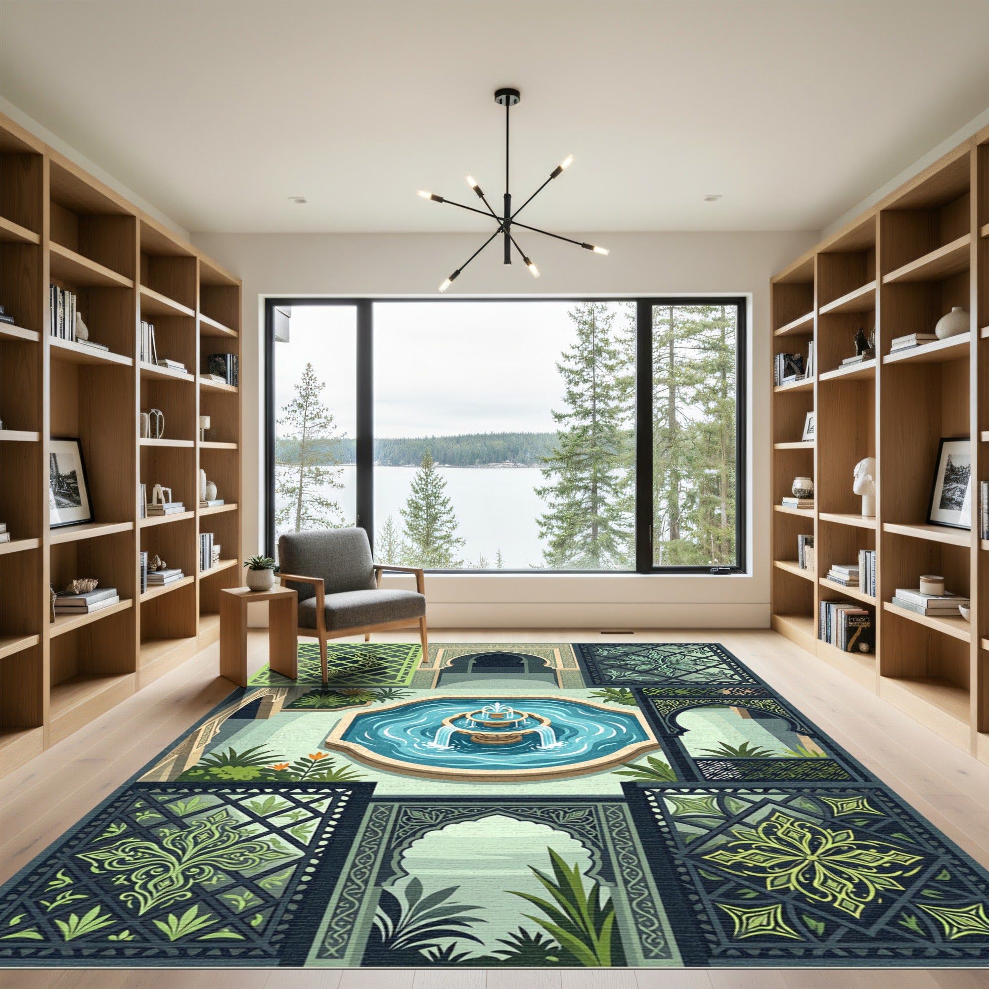 Green Geometric Courtyard Fountain Medallion Rug