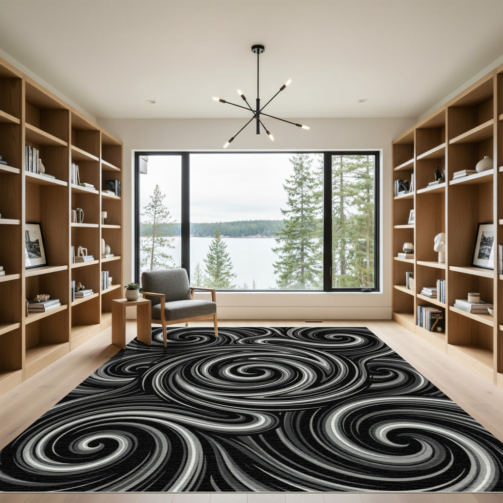 Monochrome Swirl Line Art Rug