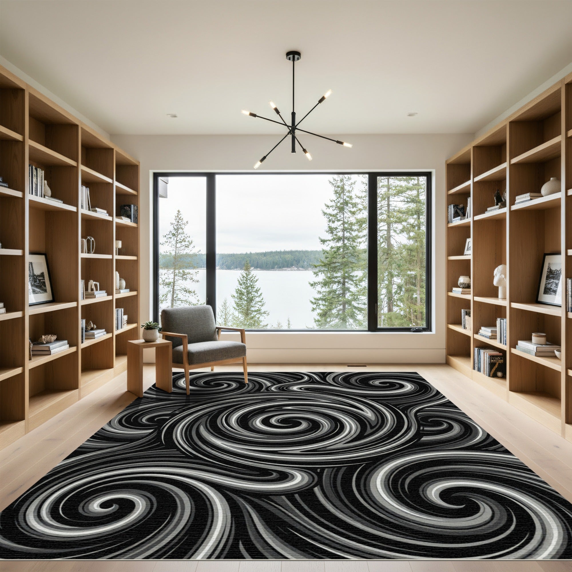 Monochrome Swirl Line Art Rug