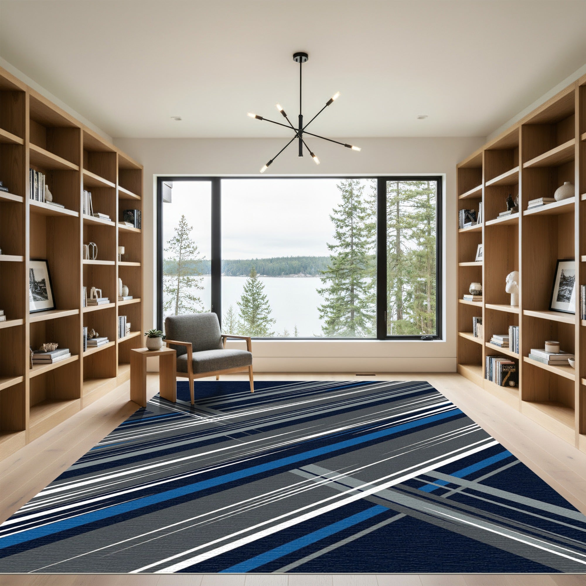 Modern Navy Gray Linear Geometric Art Rug