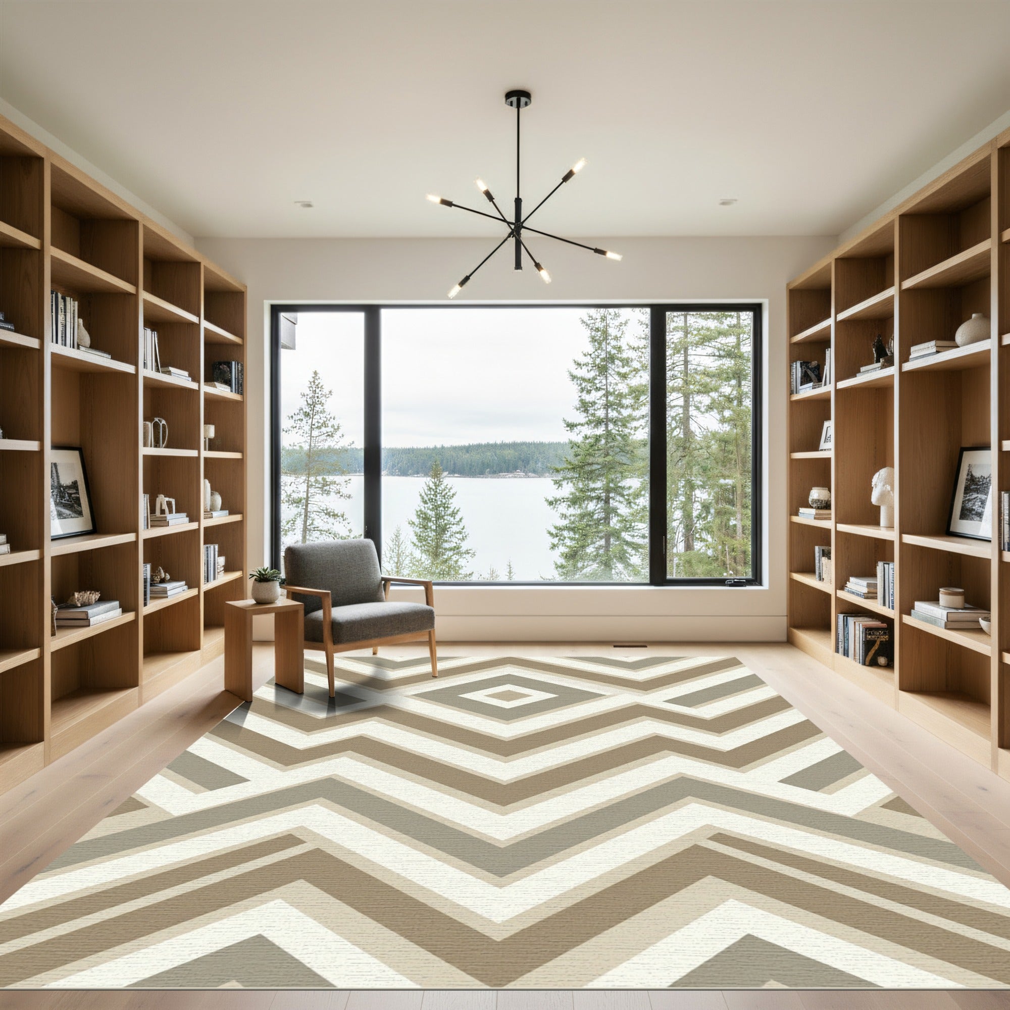 Taupe and Cream Geometric Chevron Rug
