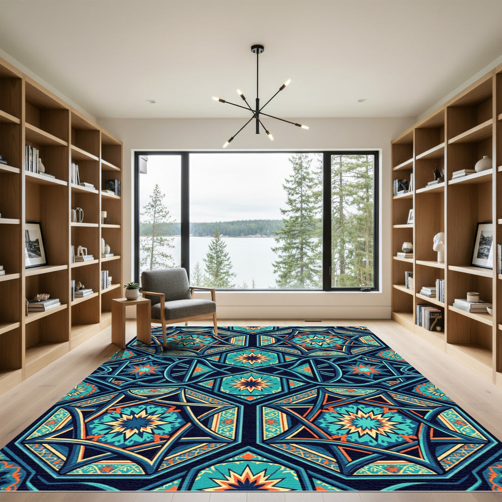 Intricate Teal and Orange Geometric Star Rug