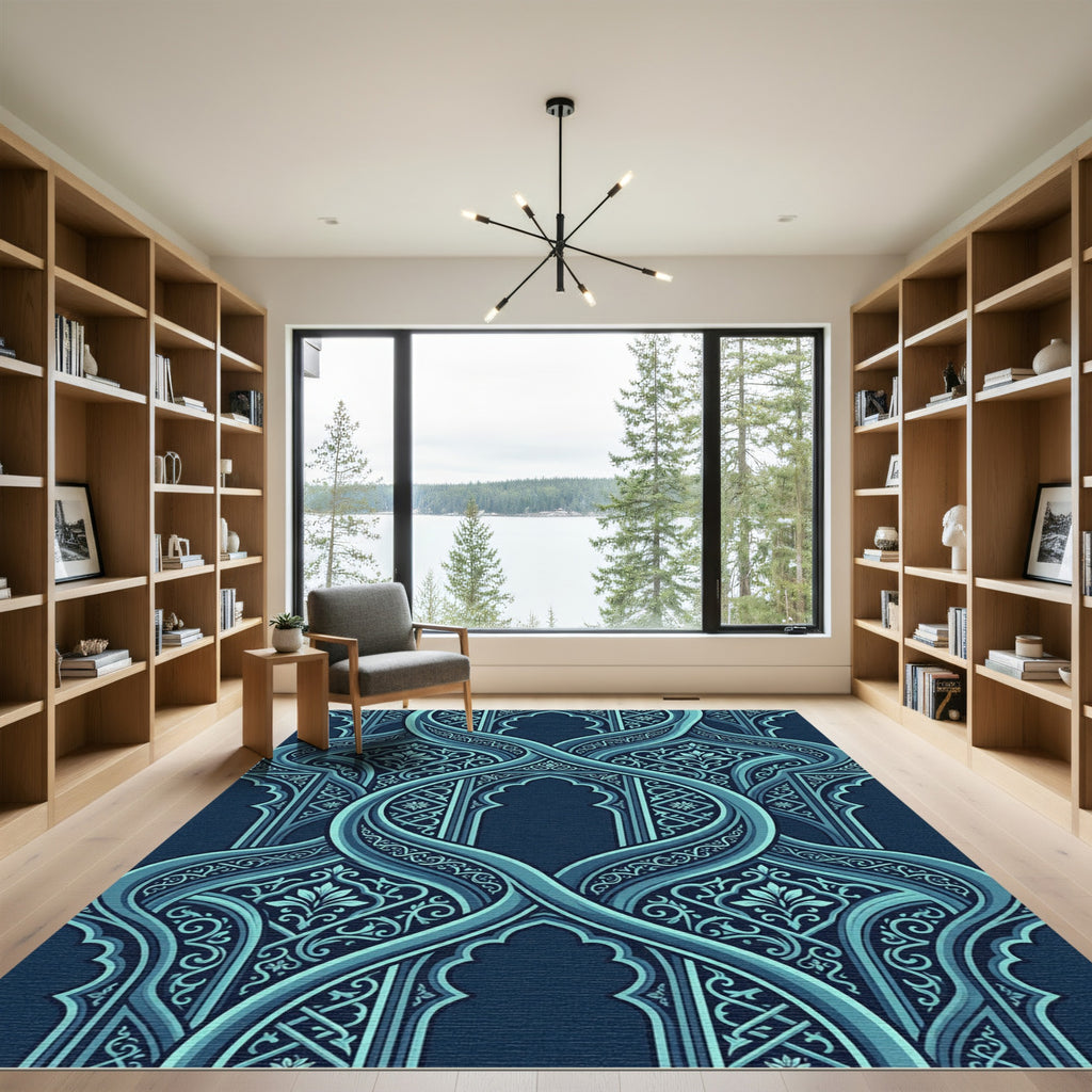Teal Arched Mosaic Interlocking Floral Tile Rug