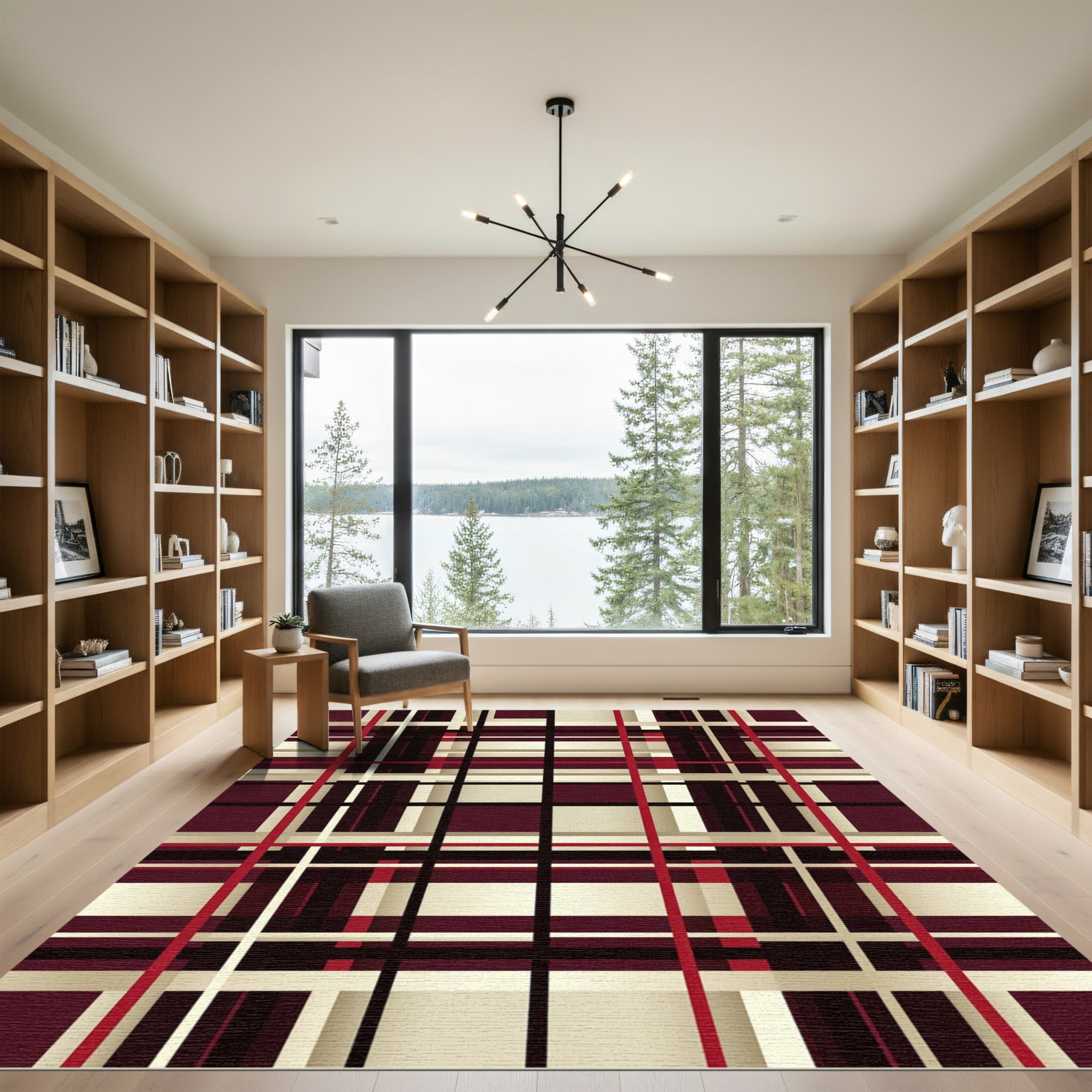 Deep Burgundy Plaid Geometric Lines Rug