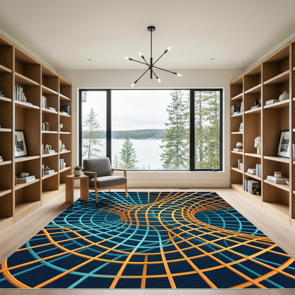 Abstract Golden Cyan Geometric Warp Rug