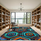 Vibrant Teal Orange Hexagon Tribal Rug