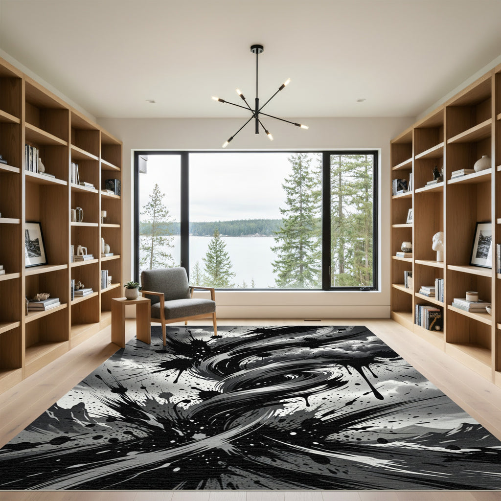 Monochrome Abstract Ink Swirl Rug