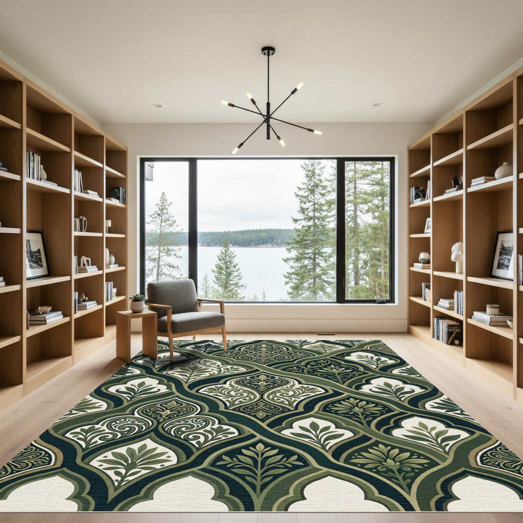 Dark Green Arabesque Floral Medallion Rug