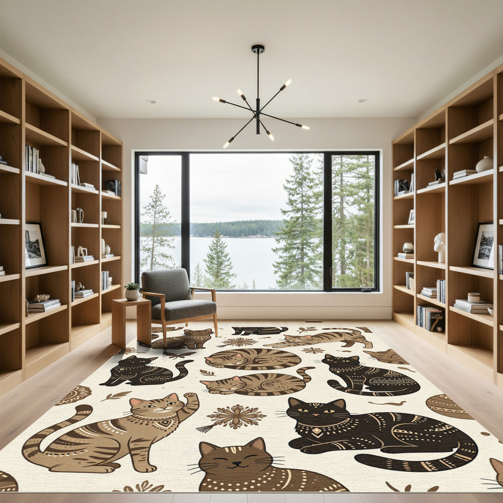Whimsical Earthy Feline Boho Illustration Rug