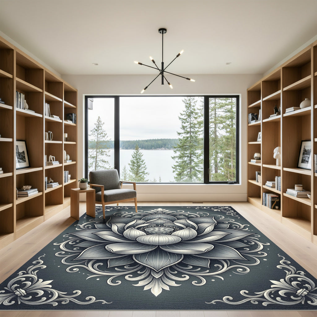 Elegant Charcoal Silver Lotus Medallion Rug