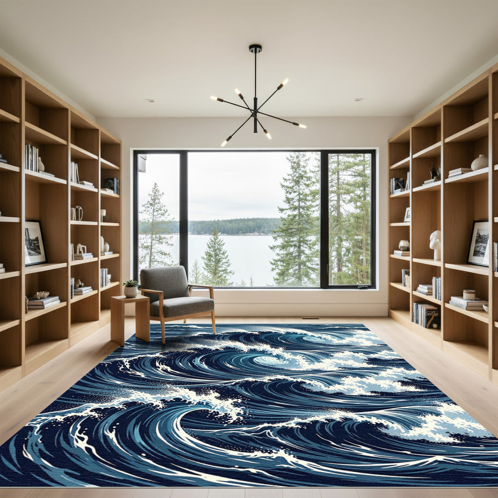 Dramatic Oceanic Deep Blue Wave Rug