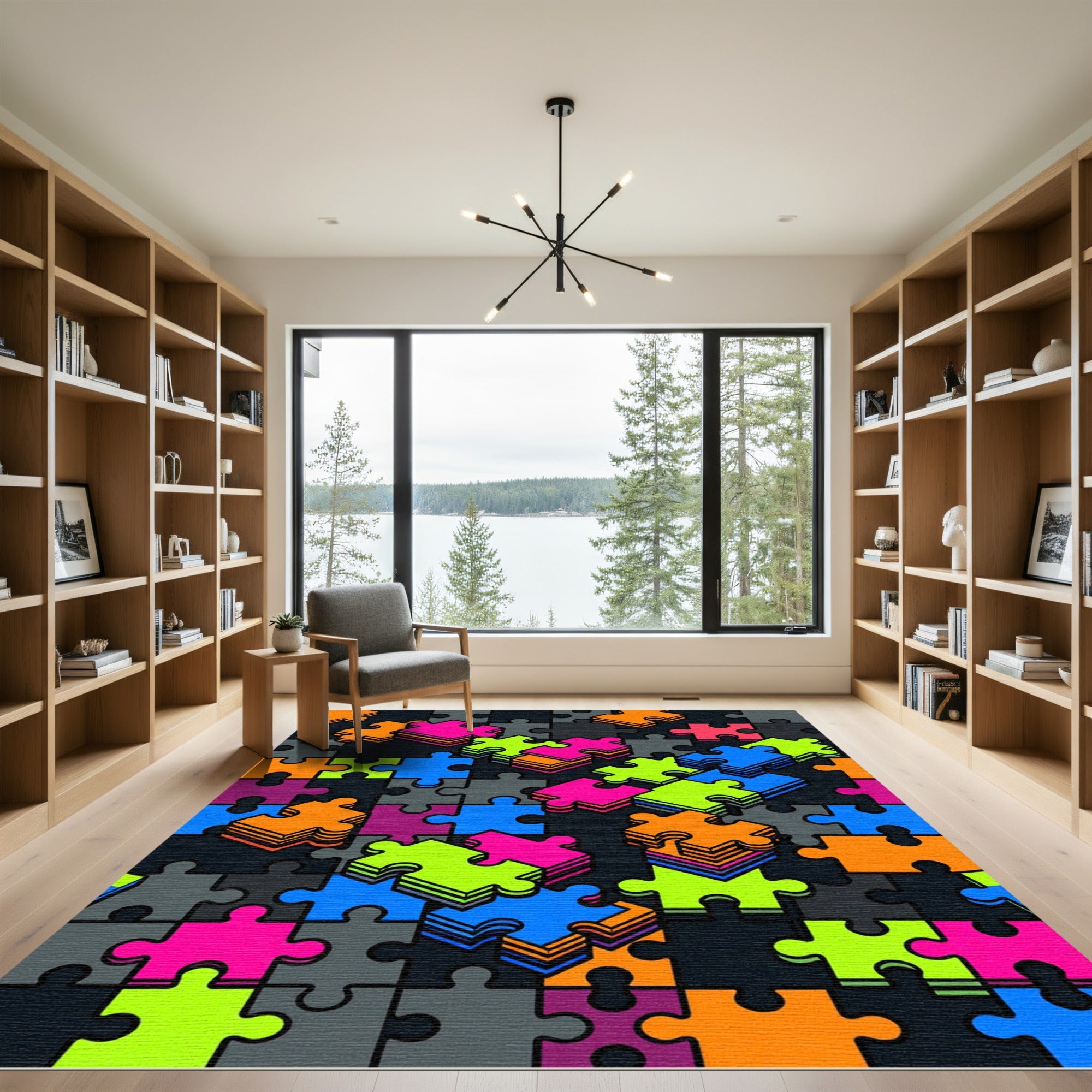 Vibrant Neon Interlocking Puzzle Art Rug