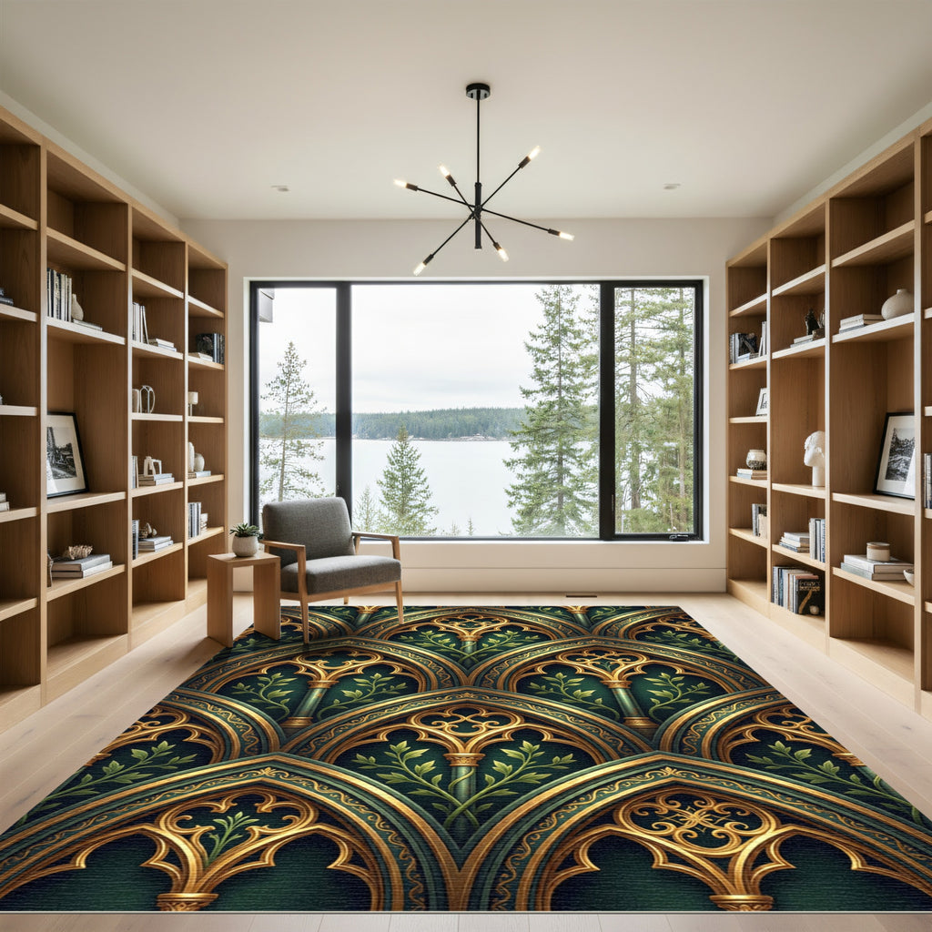 Gilded Gothic Arch Emerald Botanical Rug