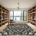 Elegant Charcoal Cream Damask Luxury Scroll Rug