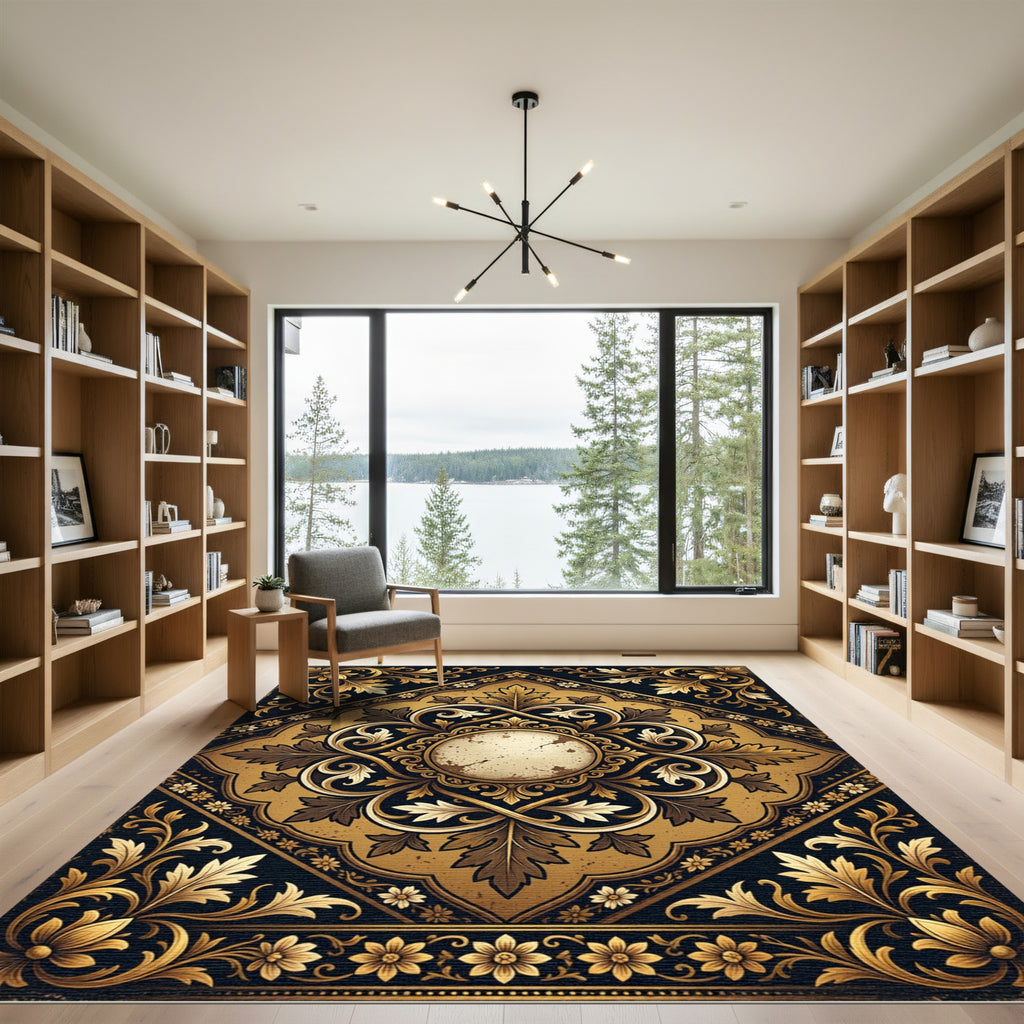 Ornate Golden Floral Filigree Medallion Rug