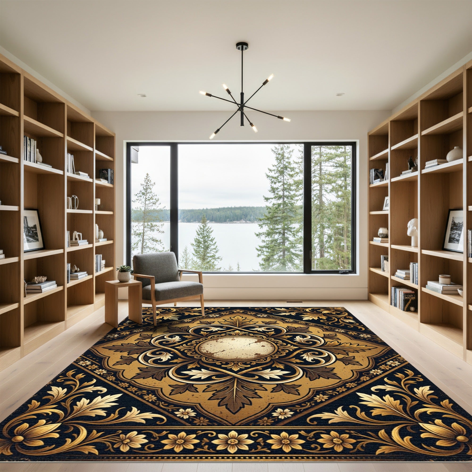 Ornate Golden Floral Filigree Medallion Rug