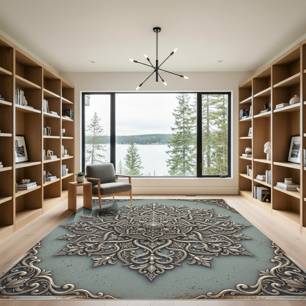 Elegant Silver Floral Medallion Area Rug