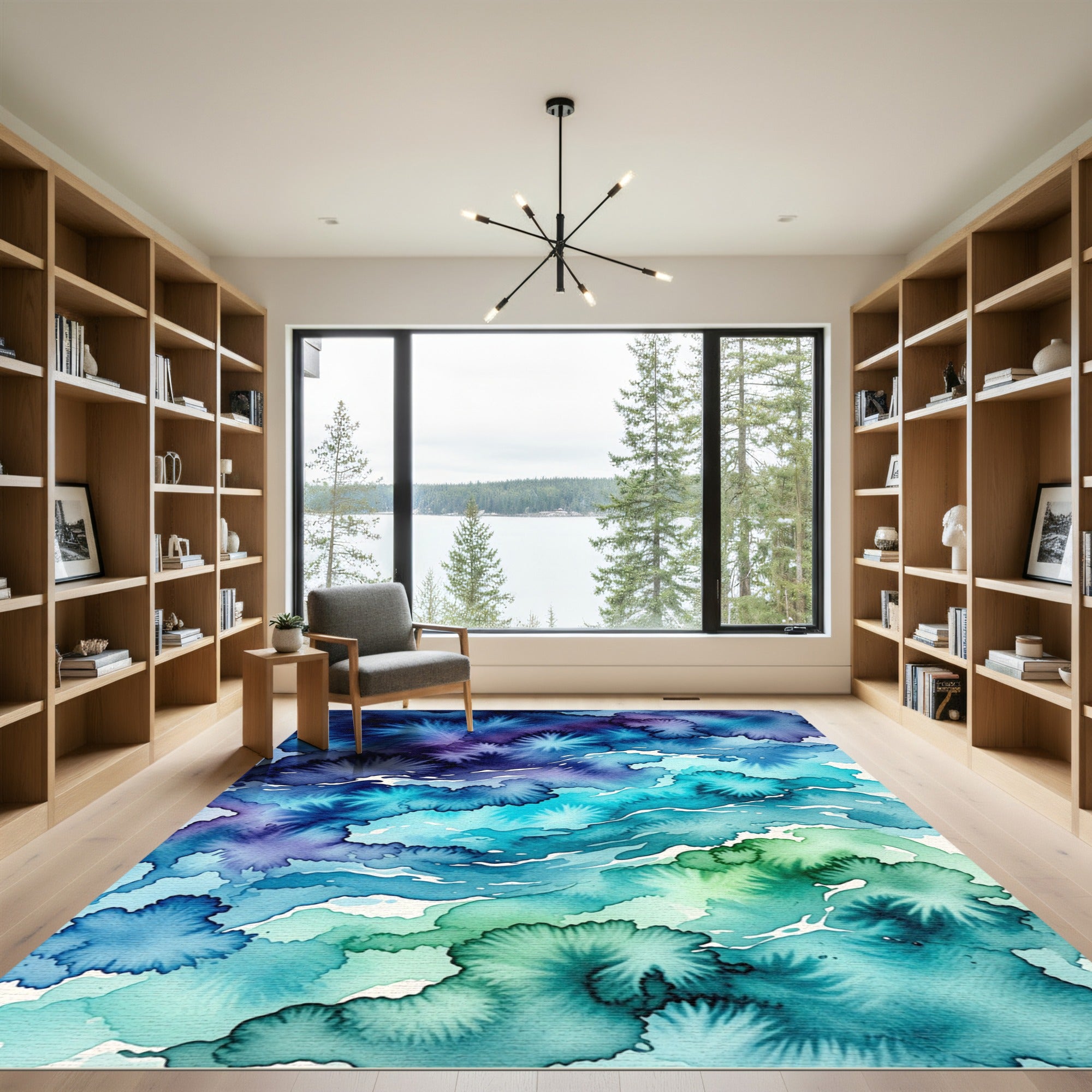 Deep Blue Green Watercolor Sea Ripples Rug
