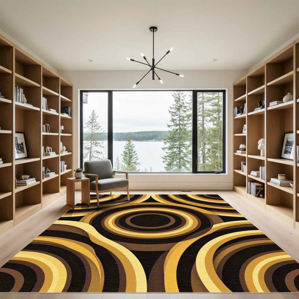 Retro Gold Brown Concentric Circles Rug
