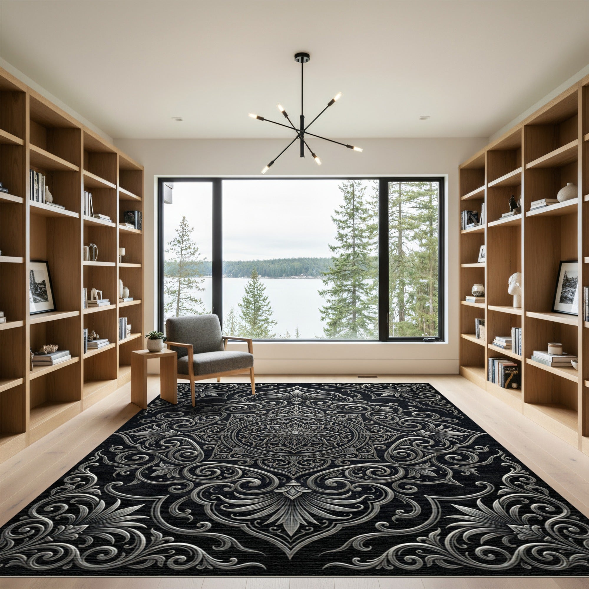 Ornate Silver Mandala Black Background Rug