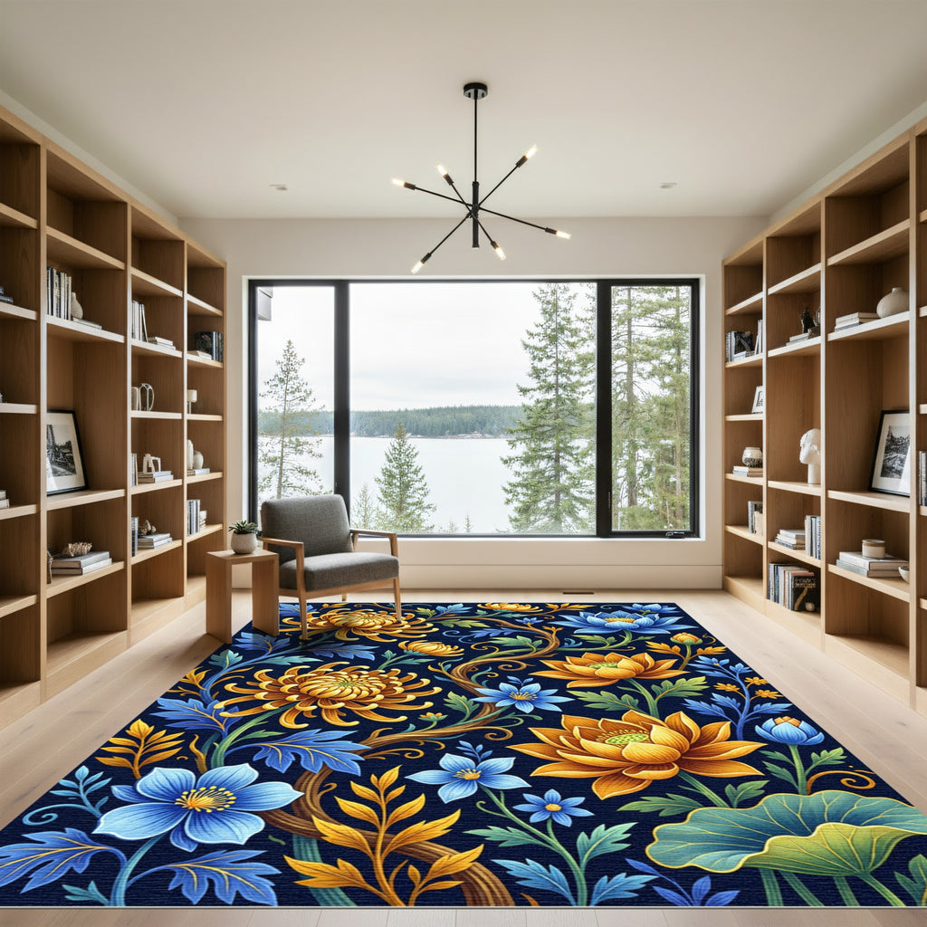 Golden Chrysanthemum and Sapphire Lotus Botanical Rug