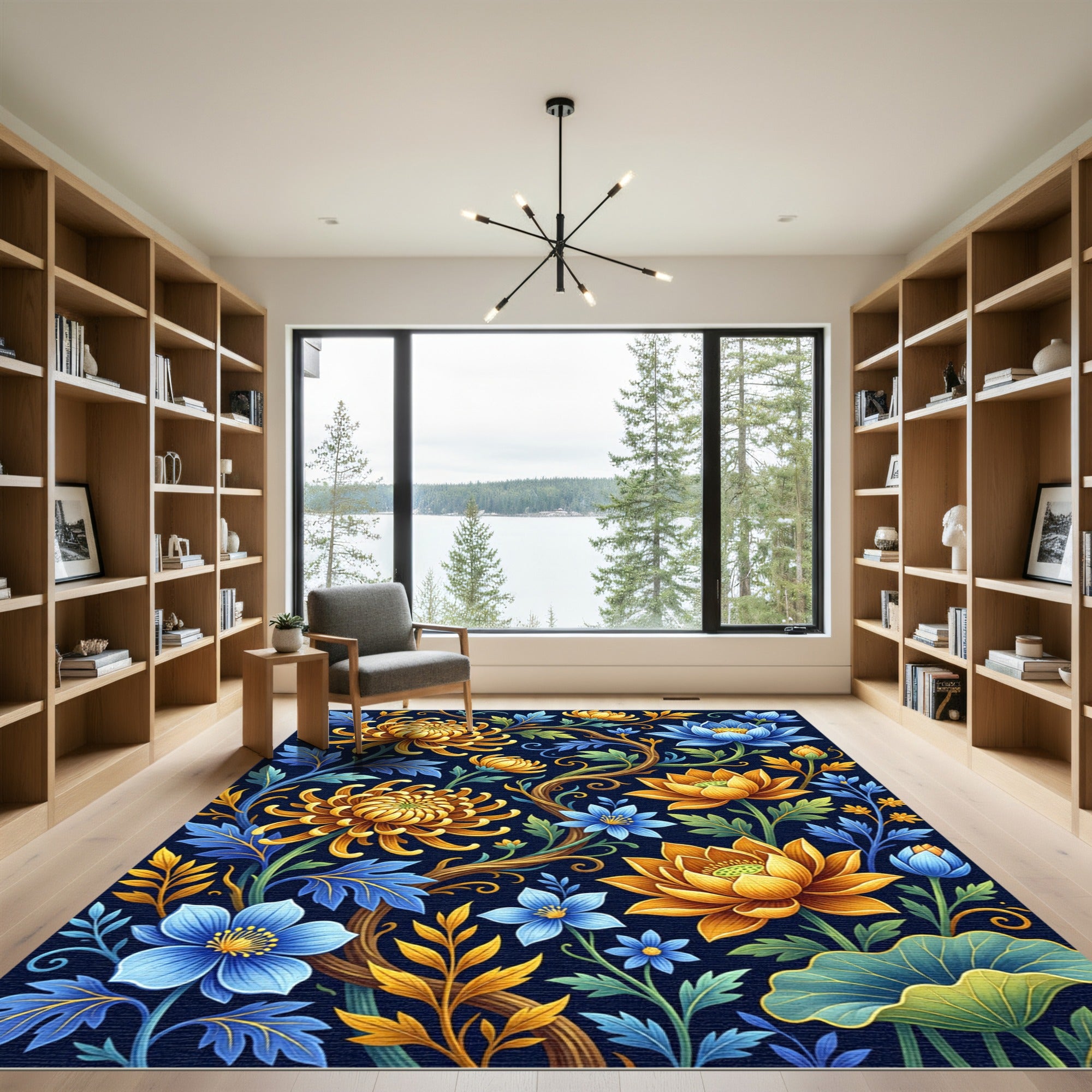 Golden Chrysanthemum and Sapphire Lotus Botanical Rug