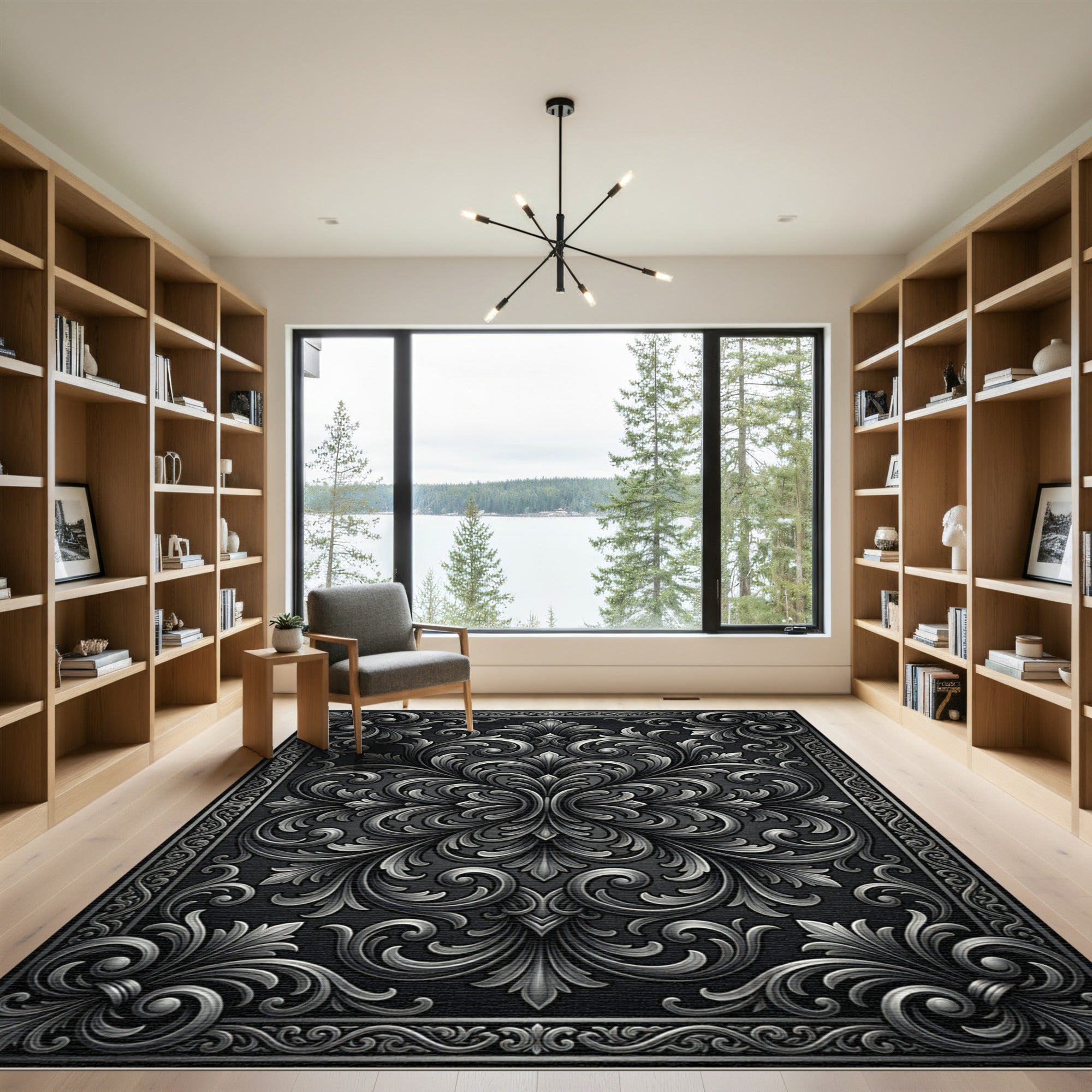 Ornate Silver Floral Scrollwork Rug