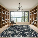 Monochromatic Dark Gray Chrysanthemum Floral Botanical Rug