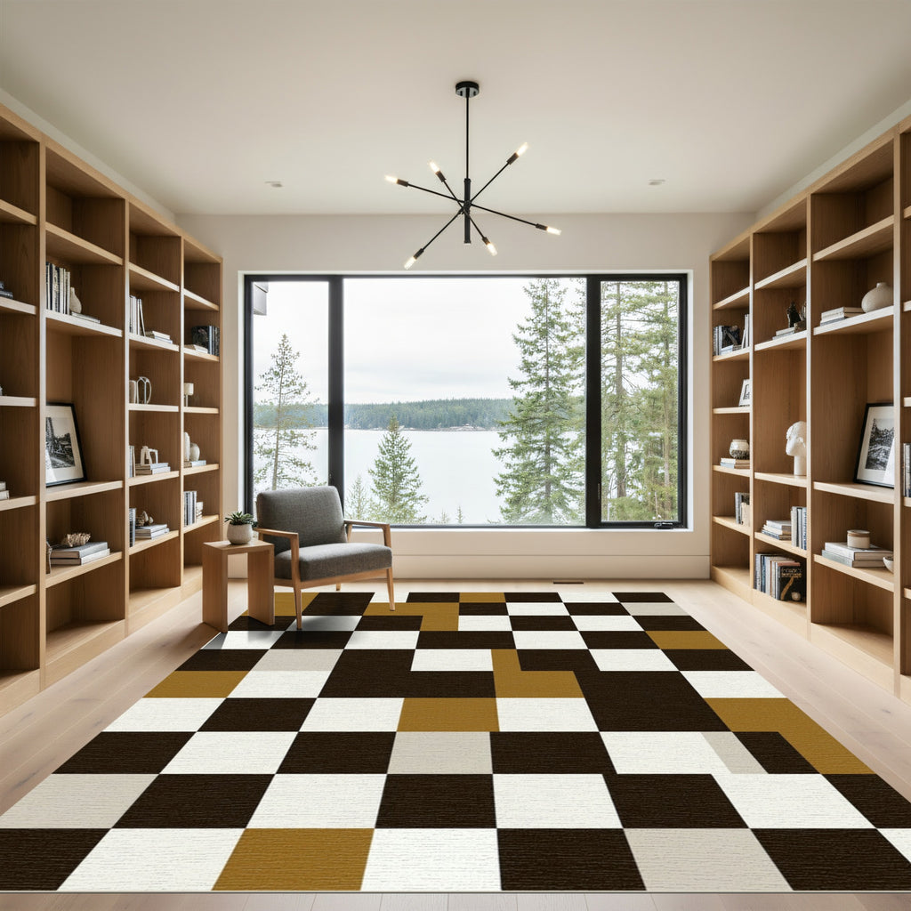 Abstract Brown and Black Geometric Grid Rug