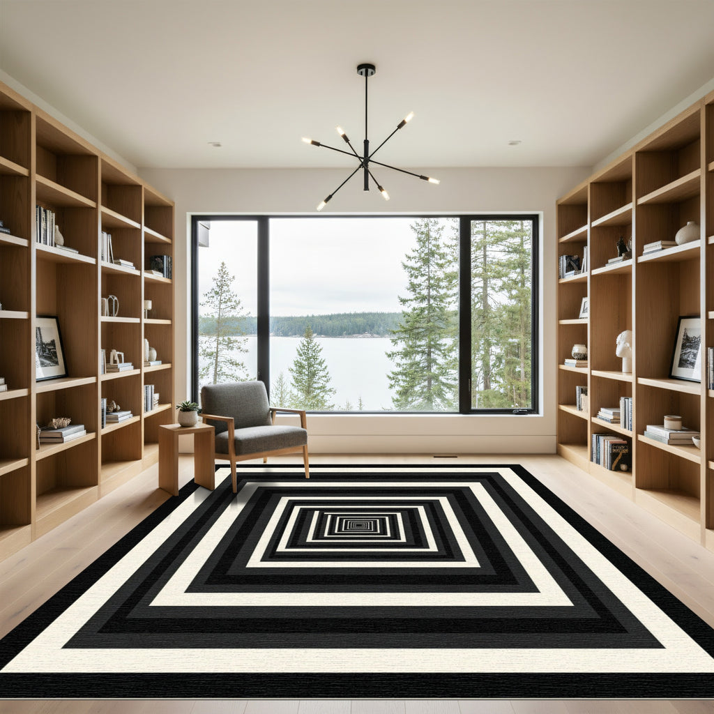 Minimalist Black and White Monochromatic Square Tunnel Rug