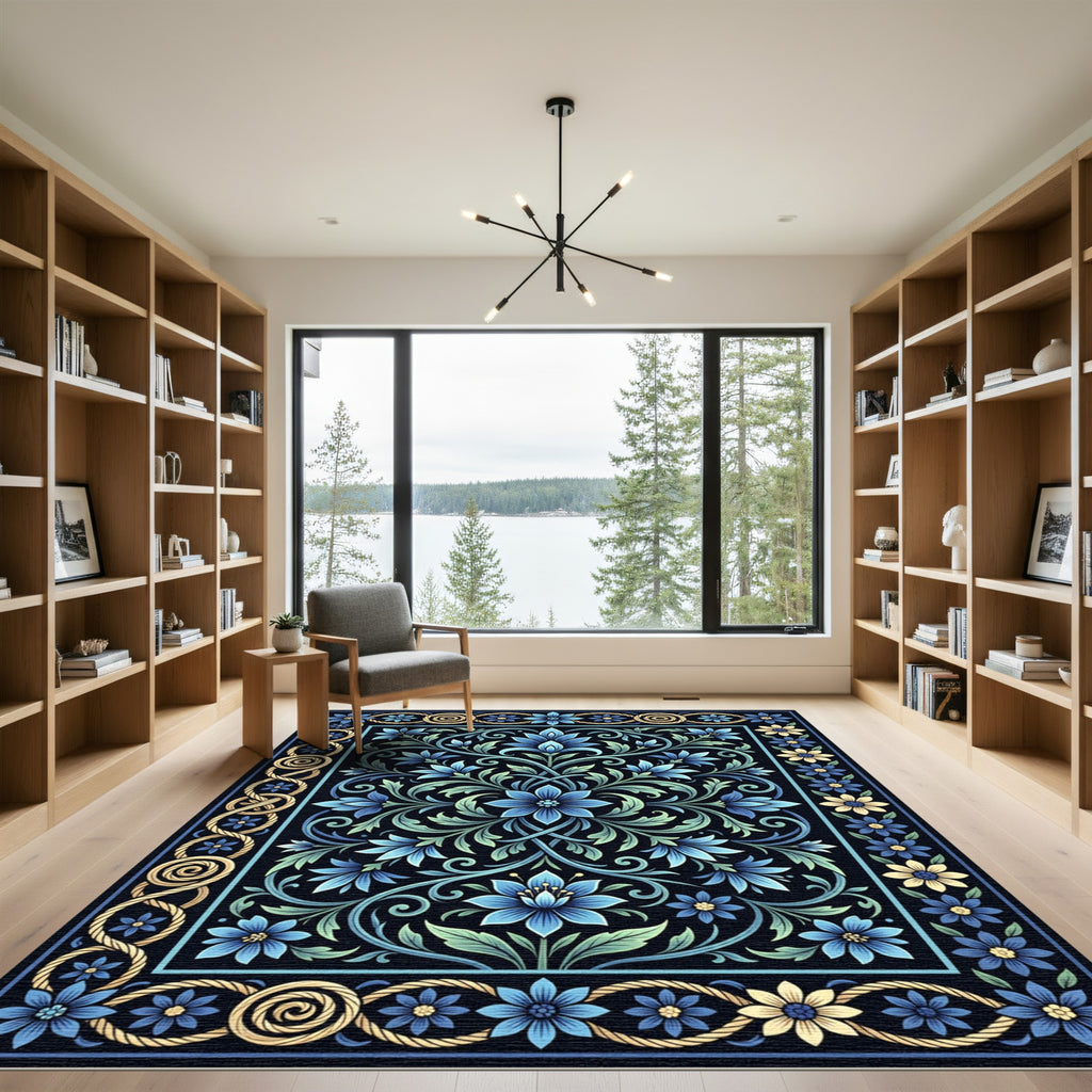 Blue Golden Floral Garland Border Rug