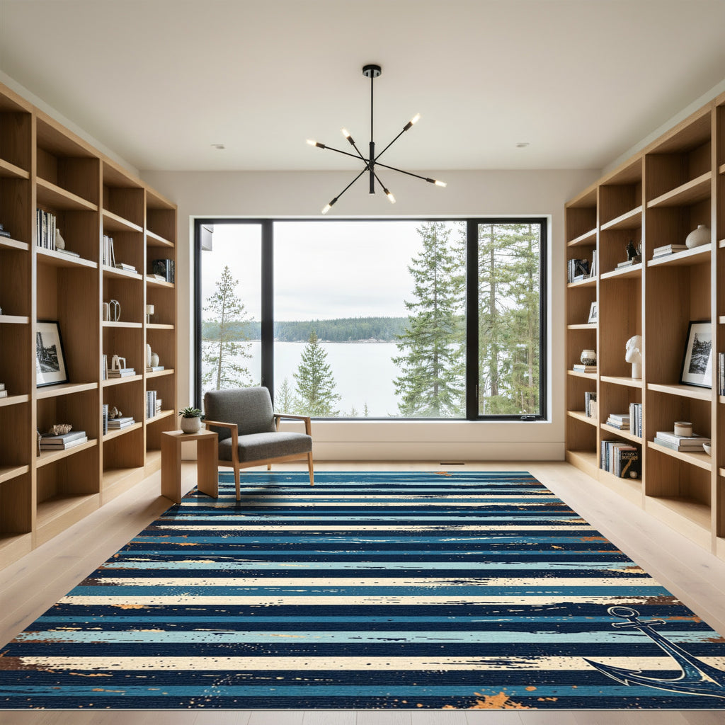 Rustic Blue Striped Nautical Anchor Rug