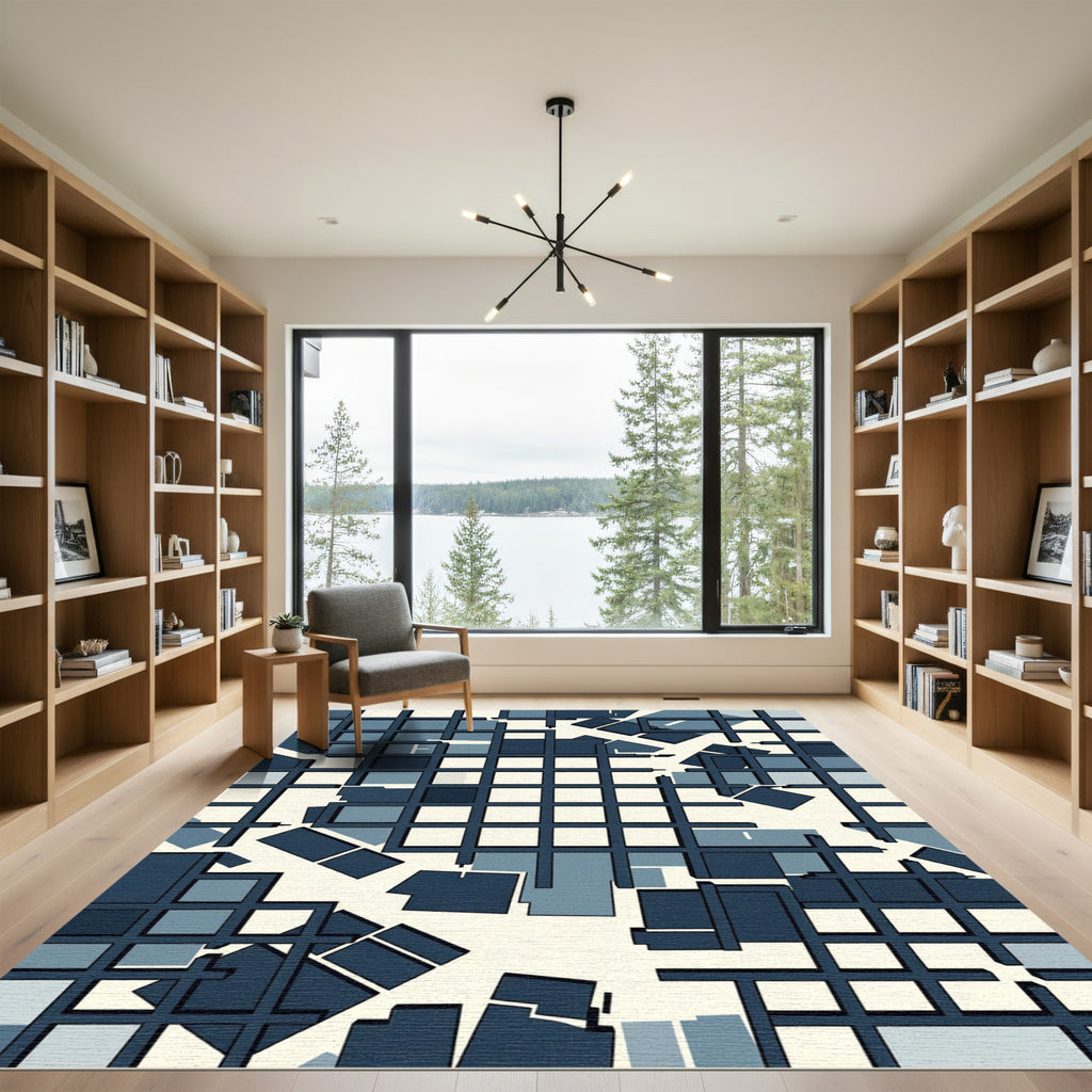 Modern Navy Blue Geometric Grid Sculpture Rug