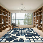 Modern Navy Blue Geometric Grid Sculpture Rug