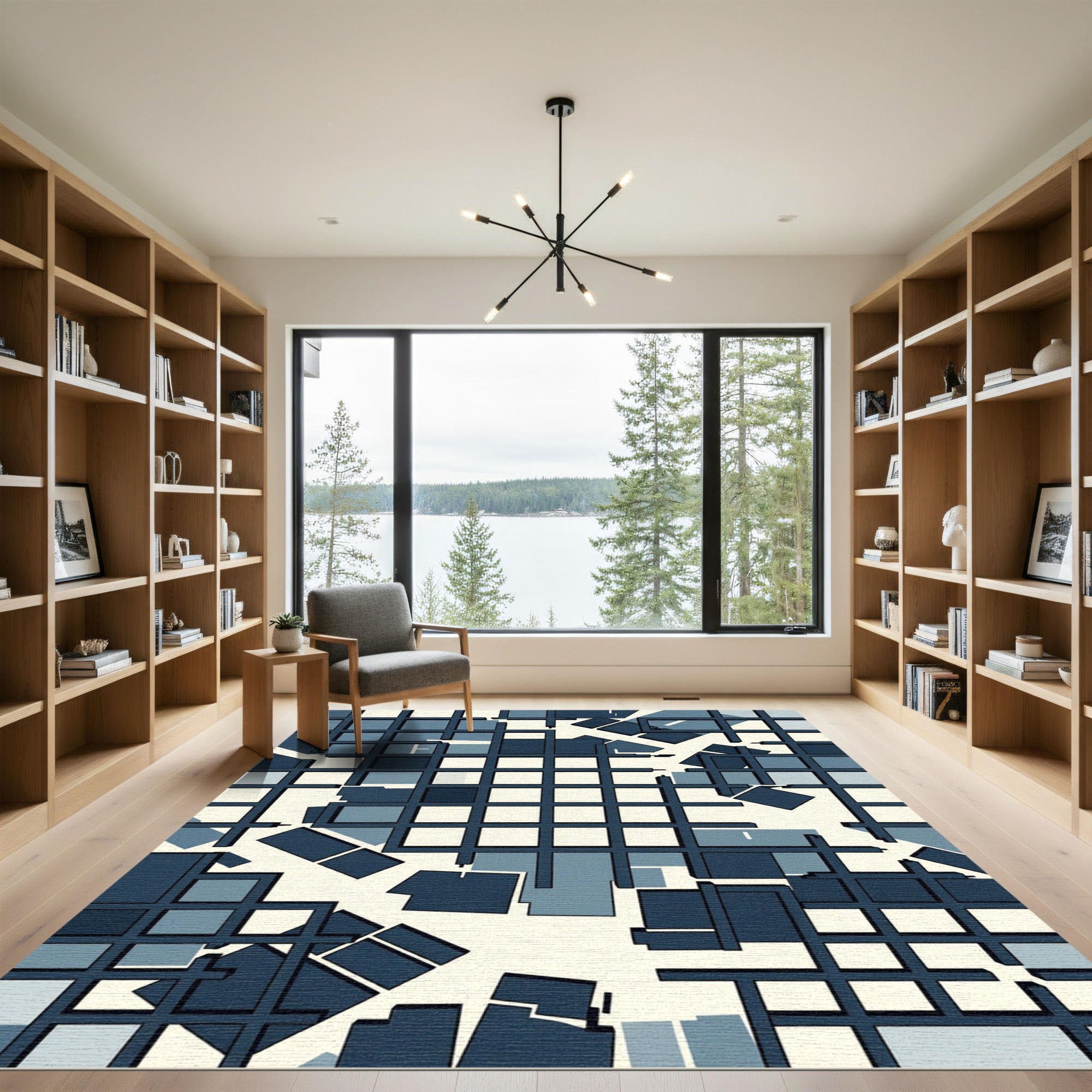 Modern Navy Blue Geometric Grid Sculpture Rug